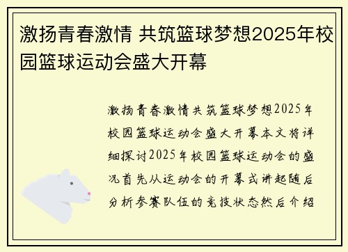 激扬青春激情 共筑篮球梦想2025年校园篮球运动会盛大开幕