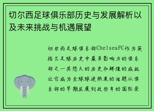 切尔西足球俱乐部历史与发展解析以及未来挑战与机遇展望