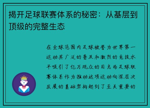 揭开足球联赛体系的秘密：从基层到顶级的完整生态