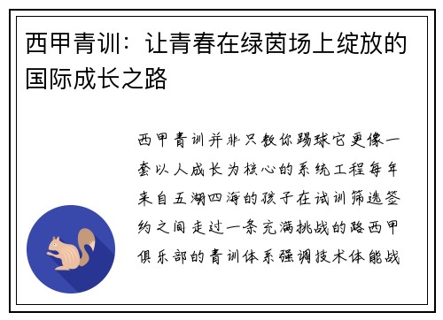 西甲青训：让青春在绿茵场上绽放的国际成长之路