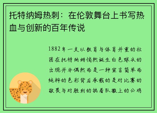 托特纳姆热刺：在伦敦舞台上书写热血与创新的百年传说