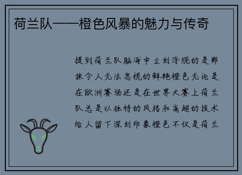 荷兰队——橙色风暴的魅力与传奇
